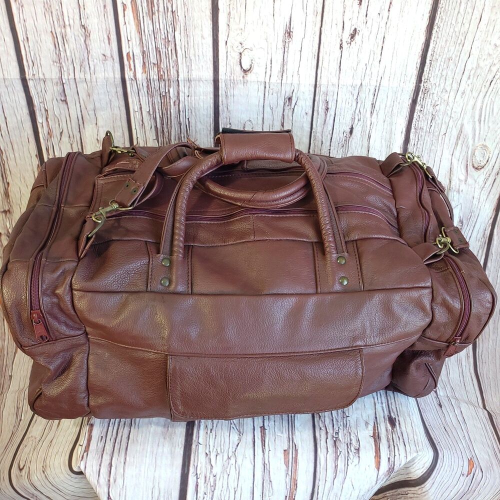 Vintage 80s Maroon Genuine Leather Duffel Bag Solid Adjustable Shoulder Strap